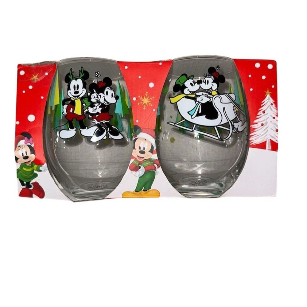 Disney Mickey & Minnie Mouse Pluto Christmas Holiday Stemless Glasses Set of 2